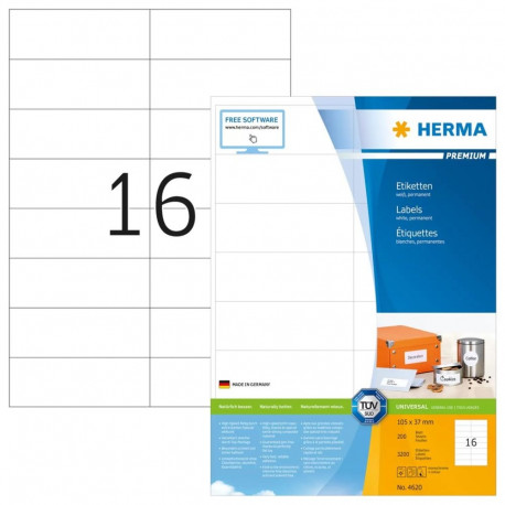 HERMA paberetiketid A4 105x37mm premium 3200tk mattpaber, valge