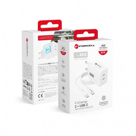 Phone charger Forcell F-Energy GaN III Crystal Color 2x USB C AVS SSFC3.0 60W + silicone cable USB C