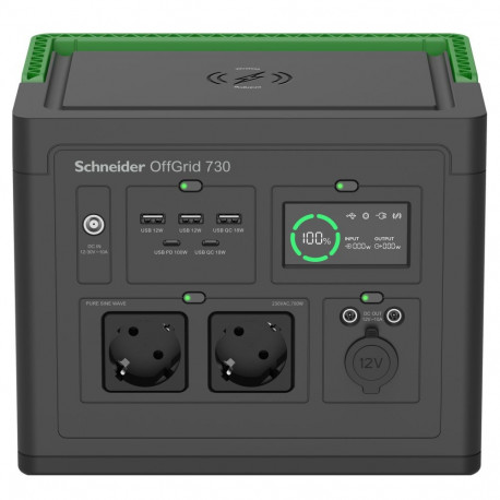 Portable Power Station - Schneider OffGrid 738Wh Lithium-Ion, 2 Schuko Outlets, 3 USB-A, 2 USB-C
