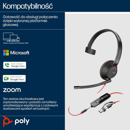 HP Poly ühekõrvaline peakomplekt Blackwire 5210 USB-C 3.5mm pistik USB-C/A adapter