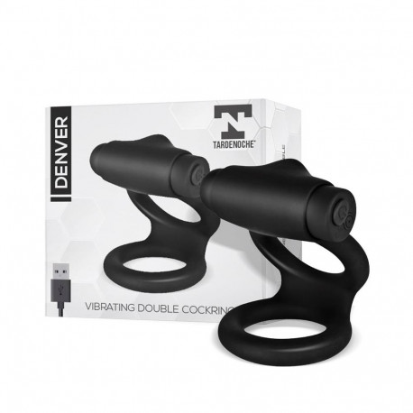 Denver Double Cockring with Vibrating Bullet USB Silicone Black