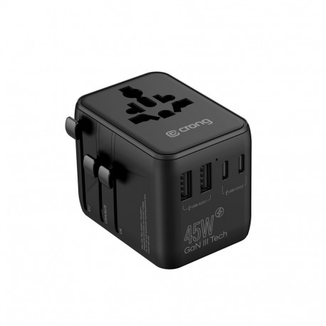 Crong One World Travel Adapter – Uniwersalny adapter podróżny GaN 45W UK/EU/US/AU (czarny)