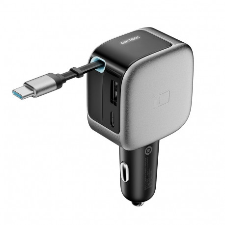 Cuktech CC903P 100W Car Charger with Display and 70cm Retractable USB-C Cable - Gray