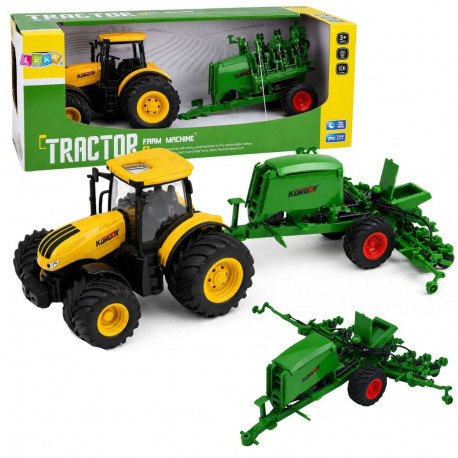 Traktor Rolniczy z Siewnikiem i Agregatem Światła Dźwięki Żółty 1:24
