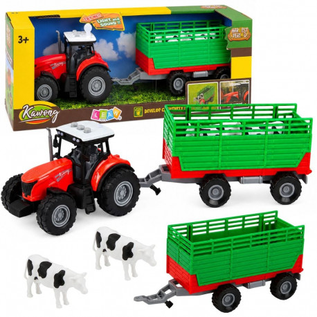 Traktor haagisega loomade transportimiseks, lehmfiguuridega, tuled ja helid, 4-osaline
