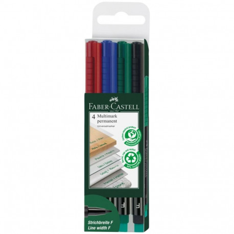 Permanentne marker FABER-CASTELL Multimark 1513 F/0,6mm kustukummiga 4 värvi komplekt