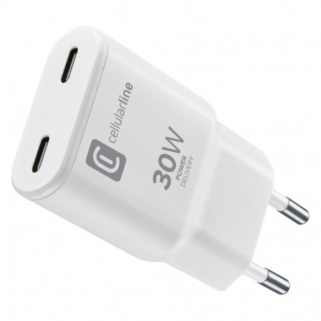 Cellularline reisilaadija USB-C kahepordiline GaN 30W, valge