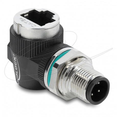 "Delock M12 Adapter D-kodiert 4 Pin Stecker zu RJ45 Buchse zum Einbau rund 90° gewinkelt"