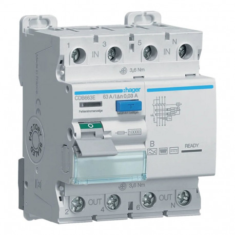 Hager fi-lüliti CDB663E 4polig 10kA 63A 30mA Typ B 230/400V