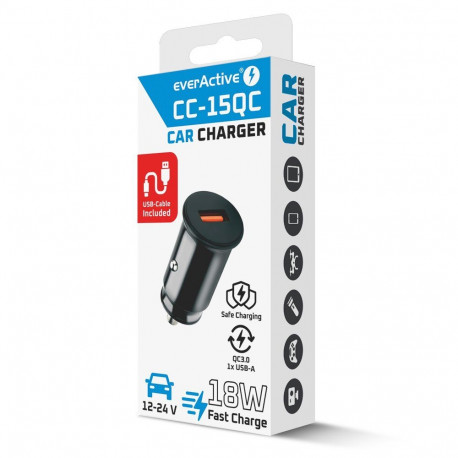 Car Charger - everActive CC-15QC 18W with USB-C Cable LED Black