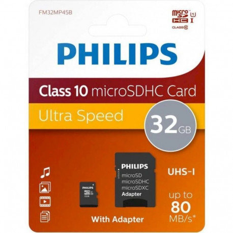 Philips FM32MP45B MicroSDHC Memory Card 32GB Class 10 / UHS-I + Adapter