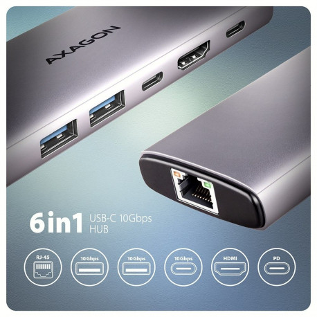 Axagon USB-jaotur HMC-6G2L 10Gbps, 2x USB-A, 1x USB-C, HDMI 4k/60Hz, RJ-45, PD 100W