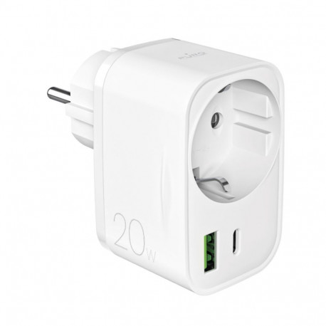 Puro Puro 20W Power Delivery Charger with Schuko Plug and Socket 1x USB-C + 1x USB-A - White