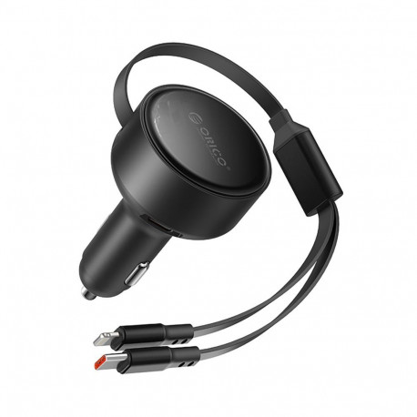 Orico Orico Dual Stretch 60W USB-C Car Charger with Two Retractable USB-C + Lightning Cables - Black