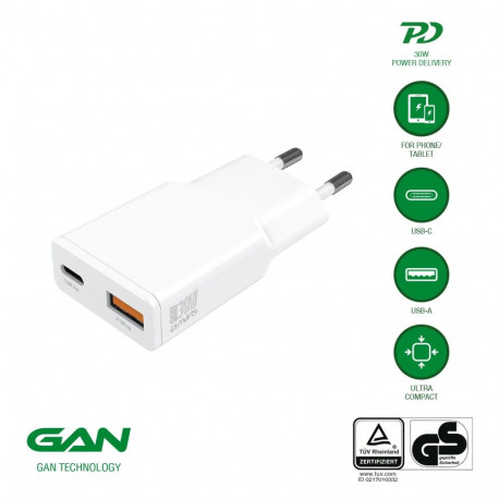 seinalaadija PDPlug Duos Slim 30W GaN 1C+1A, valge