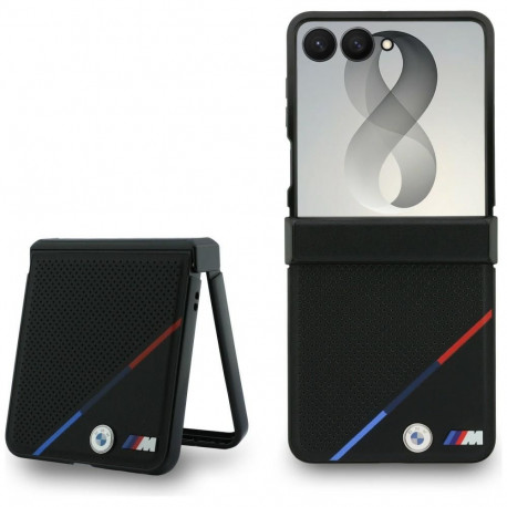 BMW M Leather Perforated Tricolor Stripe Metal Logos MagSafe Case for Samsung Galaxy Z Flip 8 - Blac