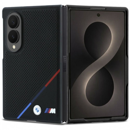 BMW M Leather Perforated Tricolor Stripe Metal Logos MagSafe Case for Samsung Galaxy Z Fold 8 - Blac
