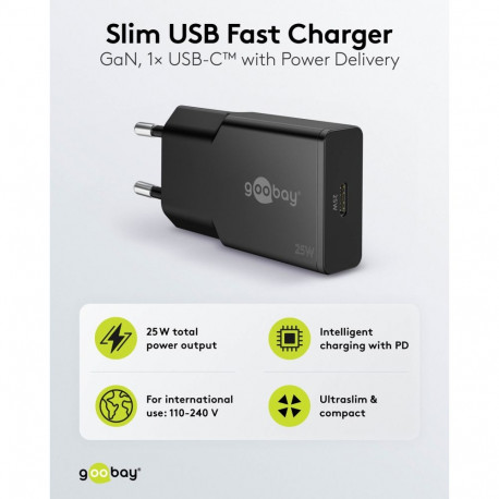 Goobay kiirlaadija 25W USB-C PD GaN õhuke, must