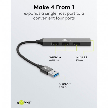 Goobay Slim 4-Port USB Hub, USB-A to USB-A, 5 Gbit/s