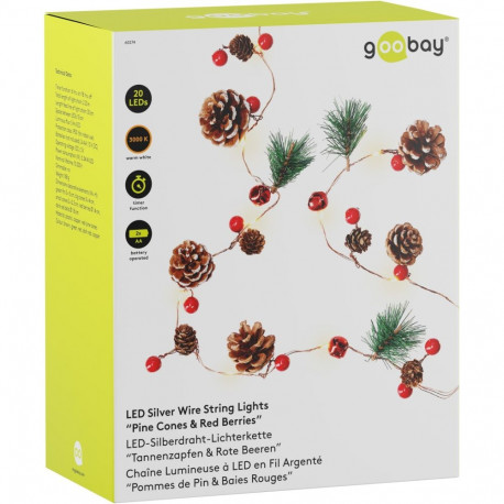 Goobay 20 LED Silver Wire Fairy Lights "Pine Cones & Red Berries"