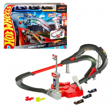 Hot Wheels Formula 1 sprindisõidu võidusõiduraja komplekt 3 survevalatud mänguautoga mõõtkavas 1:64