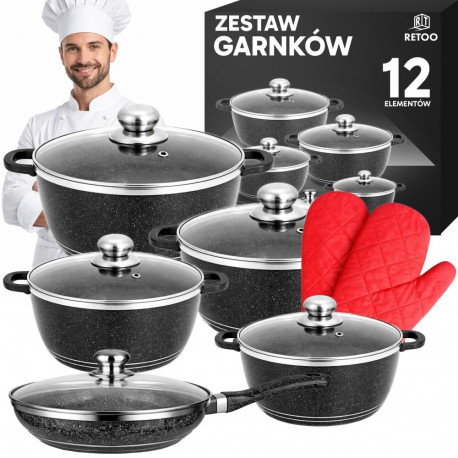 Komplet garnków powłoka ceramiczna zestaw 12 elelemtów patelnia + rękawiczki - or994