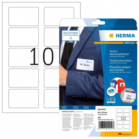 HERMA nime- ja tekstiilisildid A4 80x50mm eraldatavad eemaldatavad kunstsiidist 250 tk, valged