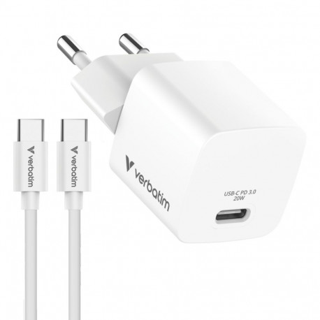 USB-laadija seinapesasse Verbatim GaN 20W koos 1.0m USB-C 60W laadimiskaabliga komplekt, PD3.0 (PPS/