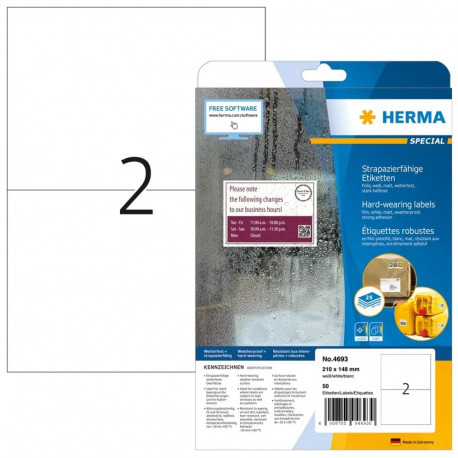 HERMA vastupidavad etiketid A4 210x148mm tugeva nakkega matist ilmastikukindlast kilest 50 tk, valge