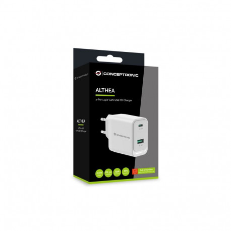 Conceptronic USB PD laadija ALTHEA20W45 2-pordiline 45W GaN, USB-C x 1, USB-A x 1, QC 3.0, PPS, PD 3