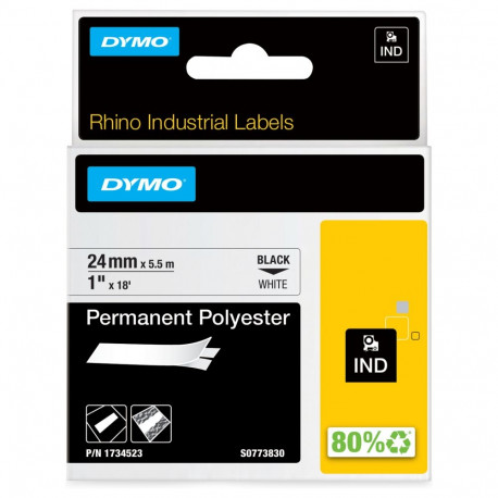 Dymo Rhino 6000+ püsiv polüesterlint 24mm x 5,5m, must läbipaistval