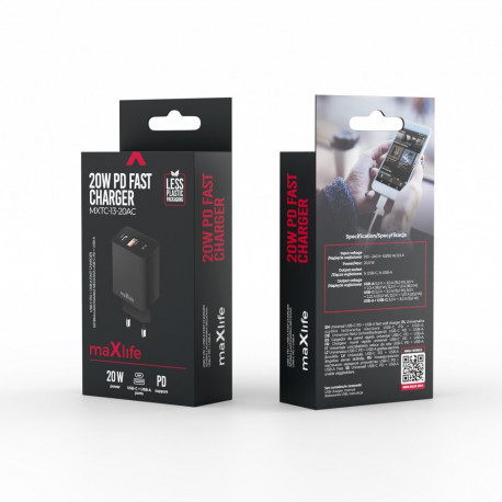 Maxlife MXTC-13-20AC PD QC charger 1x USB-C 1x USB 20W black