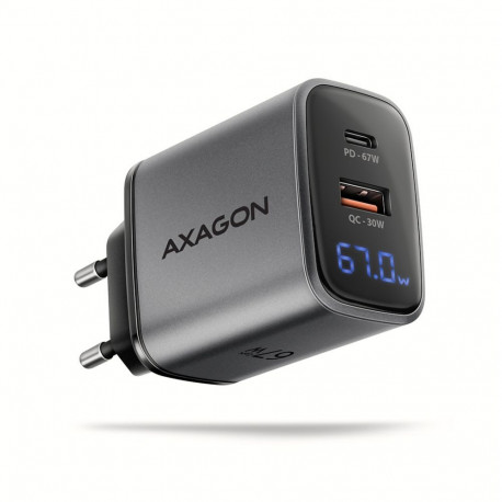 Axagon ACU-PQ67D GaN Wall charger 67W, USB-A + USB-C, PD3.0/PPS/QC4+/SF, Black