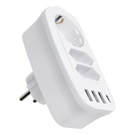 Power strip with 3 sockets max 16A with 3x USB A, 1x typ C ports E06 white
