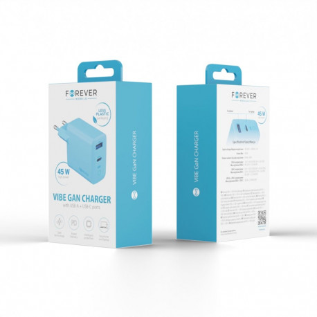 Forever Vibe-TC45AC GaN PD QC charger 1x USB-C 1x USB 45W sky blue