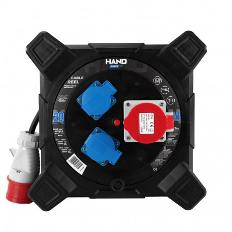 Kandiline kaablirulliga pikendusjuhe HAND PWR 4P+Z 2x2p+Z IP44 16A 400V H07RN-F 52,5 20m, must