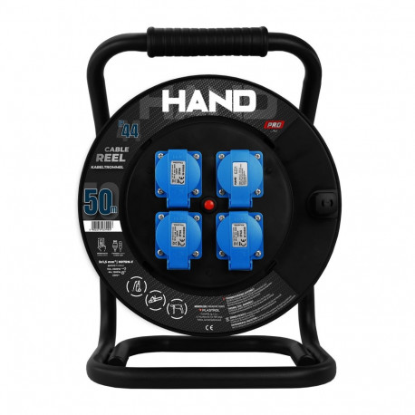 Przedłużacz bębnowy linia hand pro; 3x(2p+z) +1x(usb-a;usb-c); ip44; 16a; h07rn-f; 3×1,5; 50m; schuk