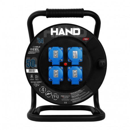 Przedłużacz bębnowy linia hand pro; 3x(2p+z) +1x(usb-a;usb-c); ip44; 16a; h05rr-f; 3×1,5; 50m; czarn