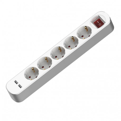 Pikendusjuhe viie pistikupesa ja lülitiga, Schuko ja USB, 5x2p+z, 16A, 1,5m, valge