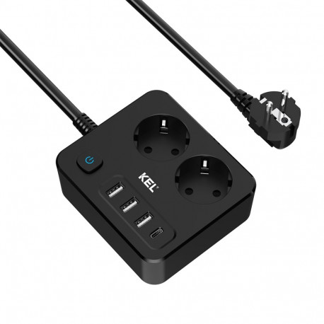 Pikendusjuhe 2 pistikupesa 2P+Z ning USB-A- ja USB-C-pesadega, 2m, Schuko, kel