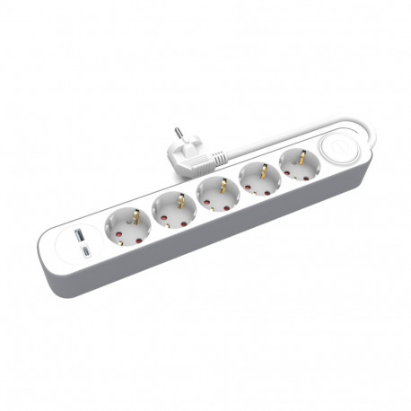 5-pesaline Schuko-pikendusjuhe lüliti ning USB-A- ja USB-C-pesadega
