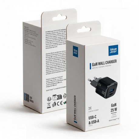 Phone charger Blue Star Nano GaN USB C + USB A QC4.0 PD 3A 25W VT-331 black