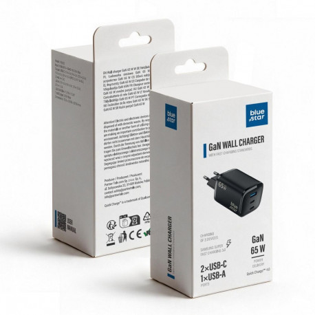 Phone charger Blue Star Nano GaN 2x USB C + USB A QC4.0 PD 3A 65W VT-335 black