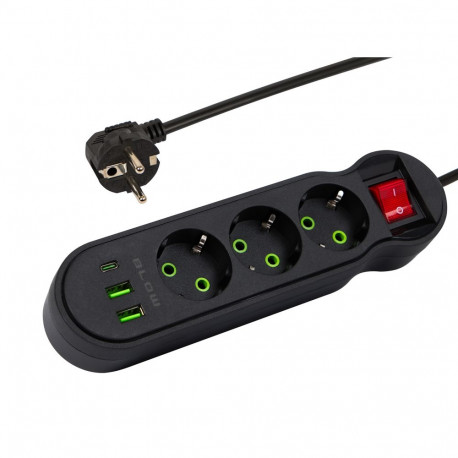 98-327# Przedłużacz sieciowy ps-340 3-gniazda 2xusb+usb-c 5m czarny 3x1mm