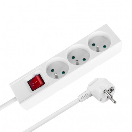 Przedłużacz 3 gniazda 2m typu francuskiego z przełącznikiem (3x1,5mm) Rebel biały