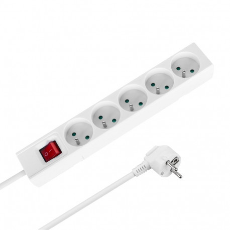 Rebel pikendusjuhe 5 pistikupesaga 5m prantsuse tüüpi lülitiga (3x1,5mm), valge