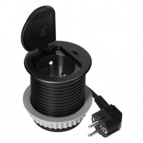Süvistatav mööblipesa 6cm tööpinnale, katte, USB-laadija ja 1,9m juhtmega, 1x2P+Z (Prantsuse), 1xUSB