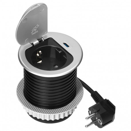 Gniazdo meblowe -6cm wpuszczane w blat z pokrywką, ładowarką USB i przewodem 1,9m, 1x2P+Z (Schuko), 
