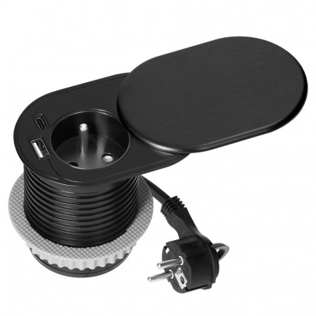 Mööblipesa -6cm, tööpinna sisse süvistatav, liugkaane, USB-laadija ja 1,9m juhtmega, 1x2P+Z (French)