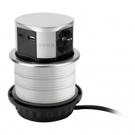 Mööblipesa -10cm tööpinnast väljatõmmatav USB-laadija ja 1,5m juhtmega, 3x2P+Z (Schuko), 2xUSB (tüüp